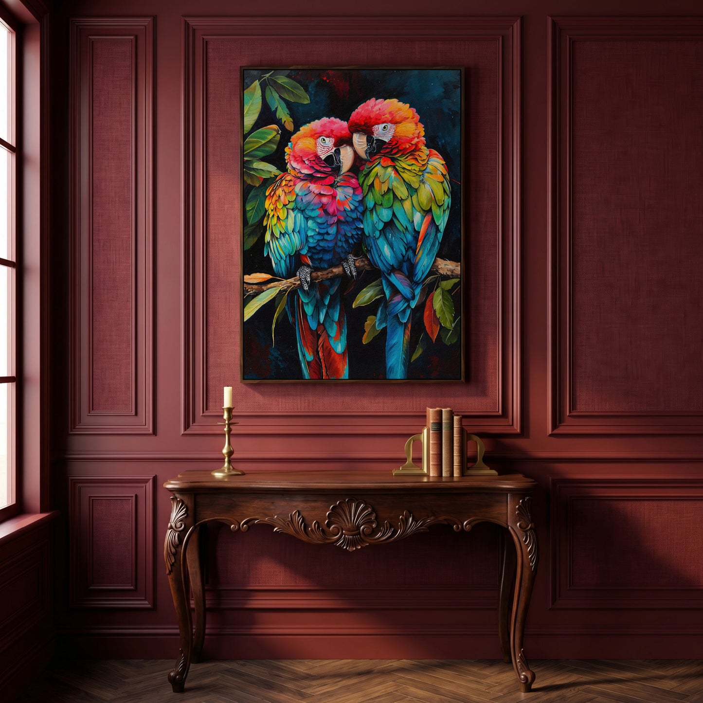 Colorful Macaws Canvas Print in dark walnut floating frame