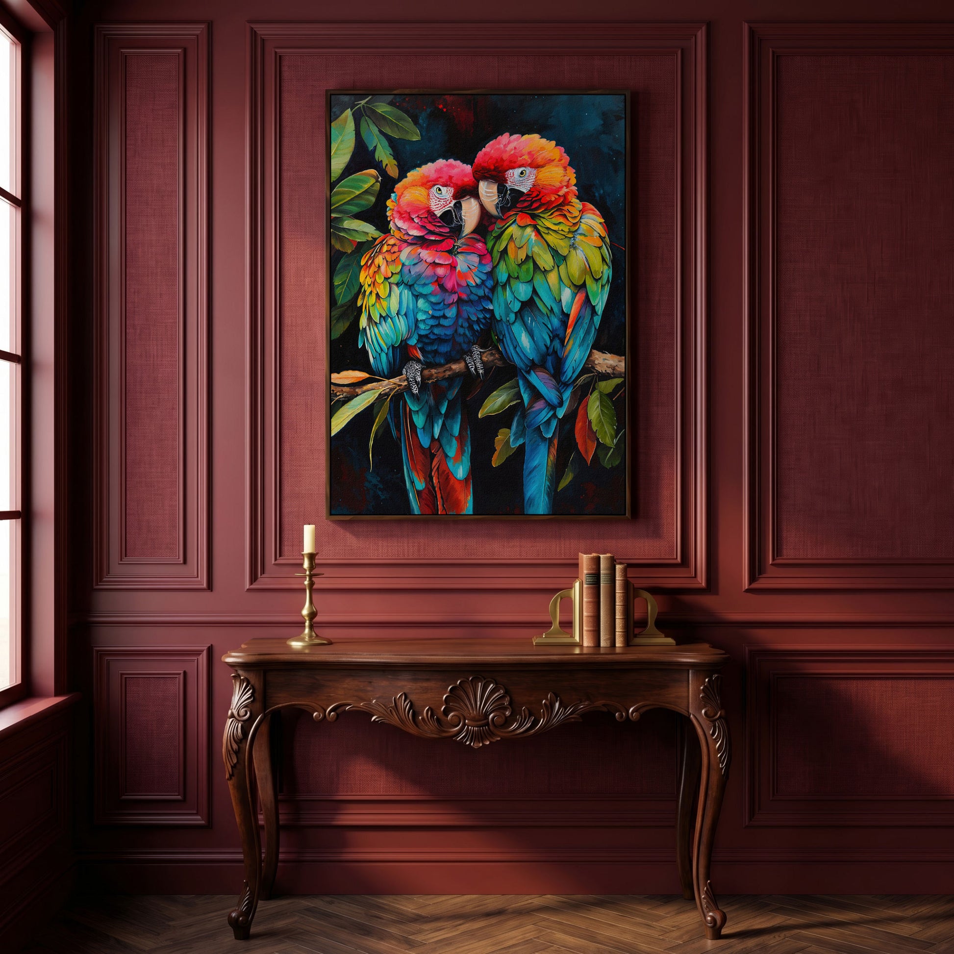 Colorful Macaws Canvas Print in dark walnut floating frame