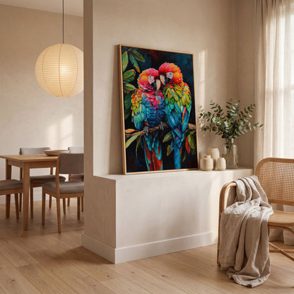 Colorful Macaws Canvas Print in white oak floating frame