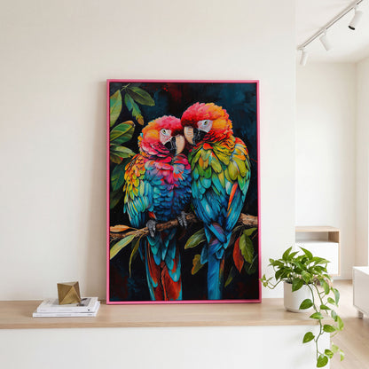 Colorful Macaws Canvas Print in pink floating frame