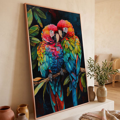 Colorful Macaws Canvas Print in rose gold floating frame