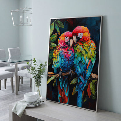 Colorful Macaws Canvas Print in silver floating frame