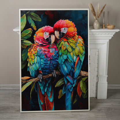Colorful Macaws Canvas Print in white floating frame