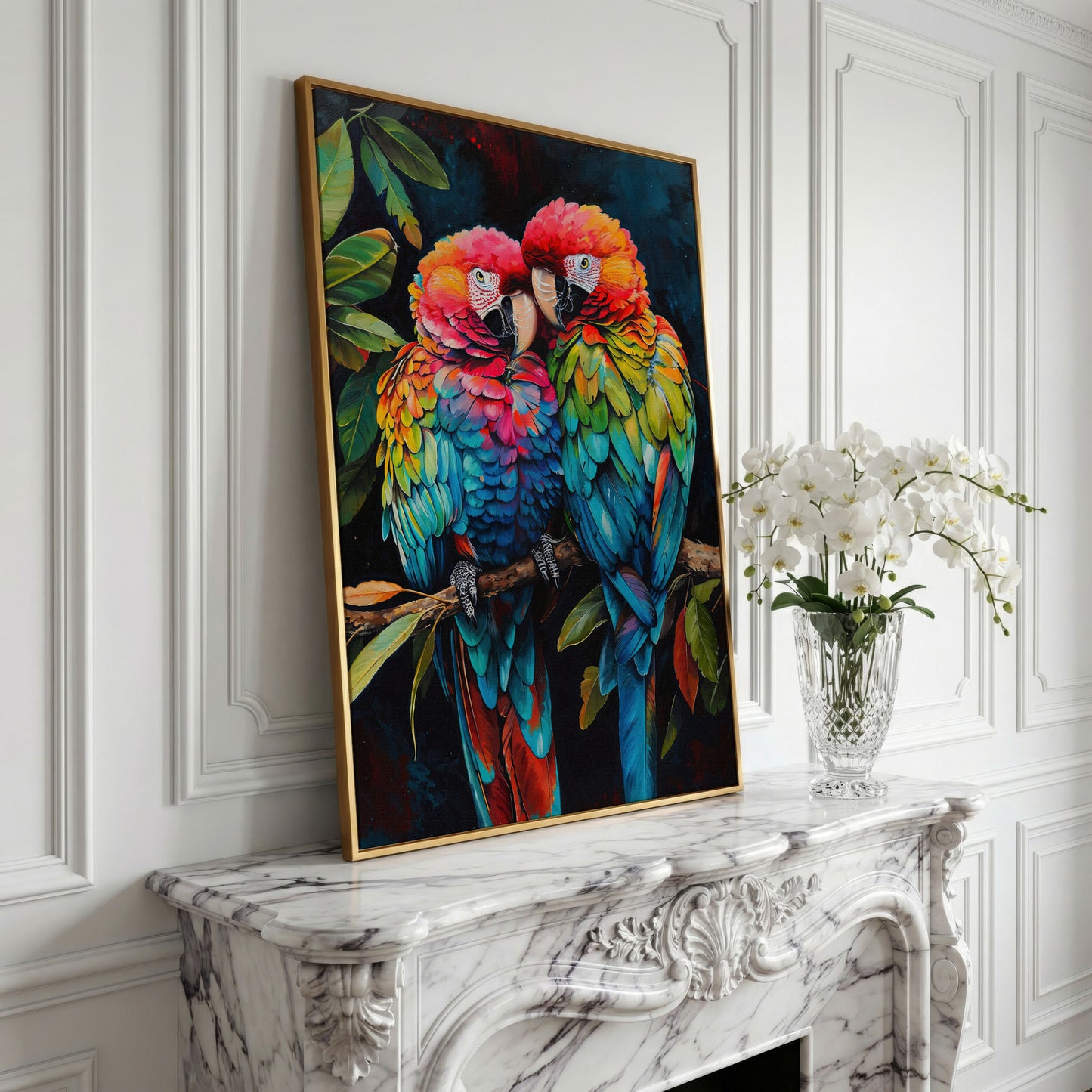 Colorful Macaws Canvas Print in yellow gold floating frame