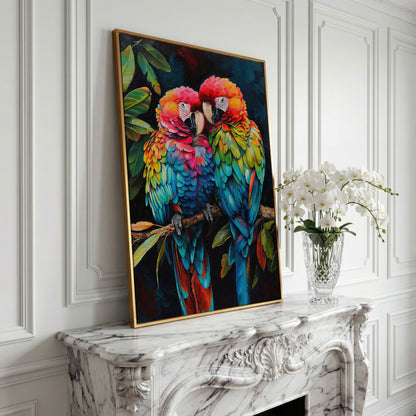 Colorful Macaws Canvas Print in yellow gold floating frame