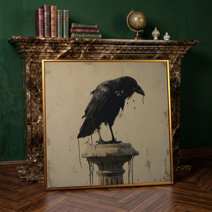 Mystical Raven Square Canvas in antique gold floating frame