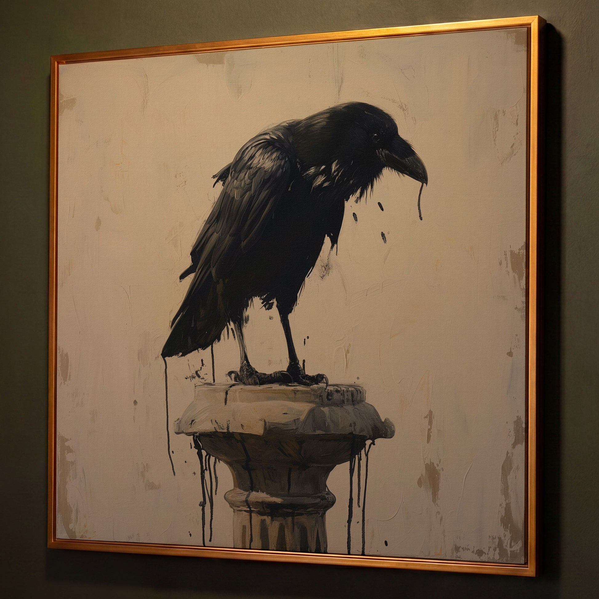 Mystical Raven Square Canvas shown in antique gold floating frame