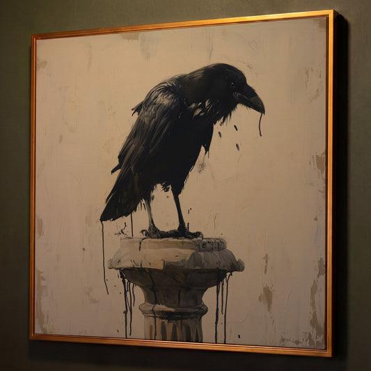 Mystical Raven Square Canvas shown in antique gold floating frame