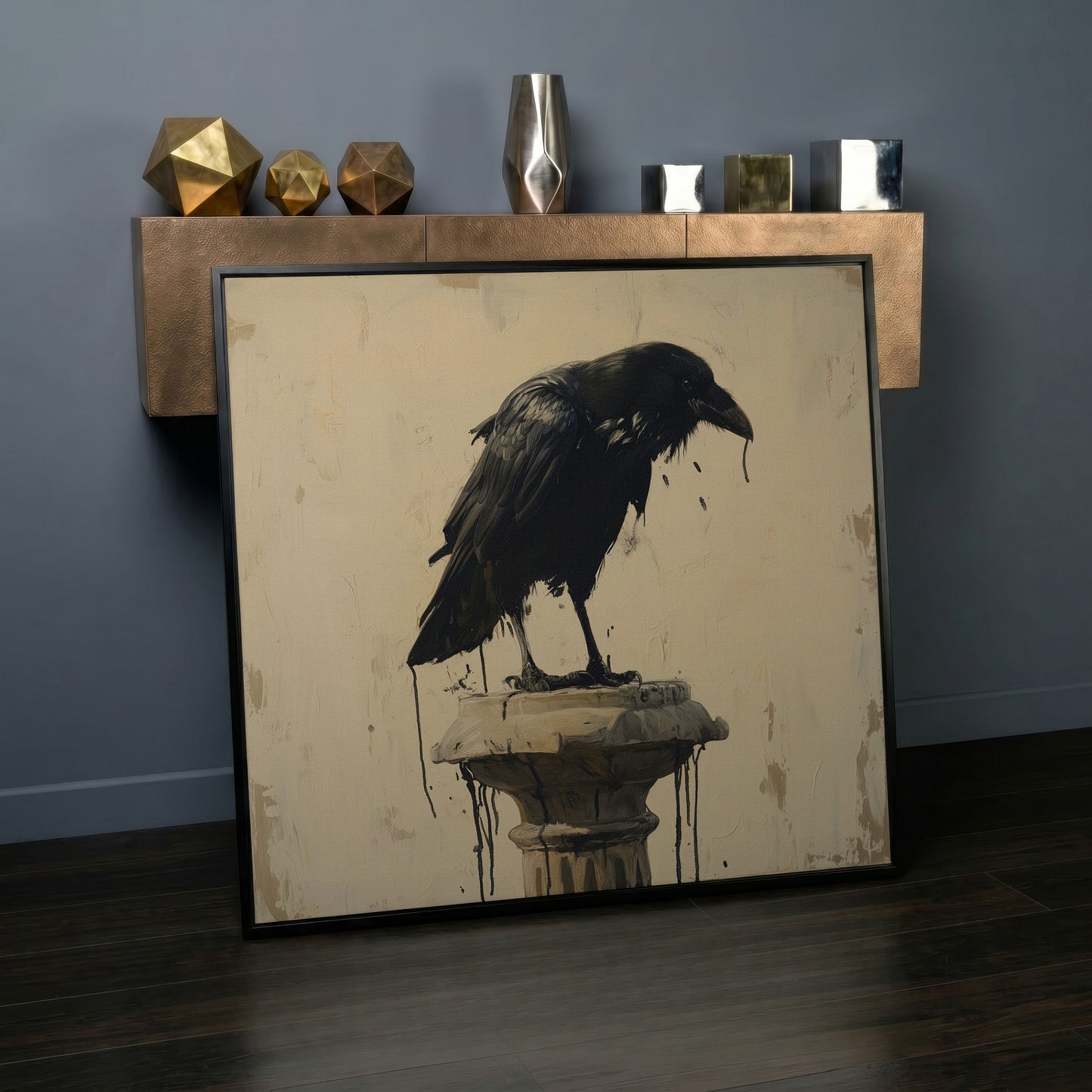 Mystical Raven Square Canvas in black floating frame