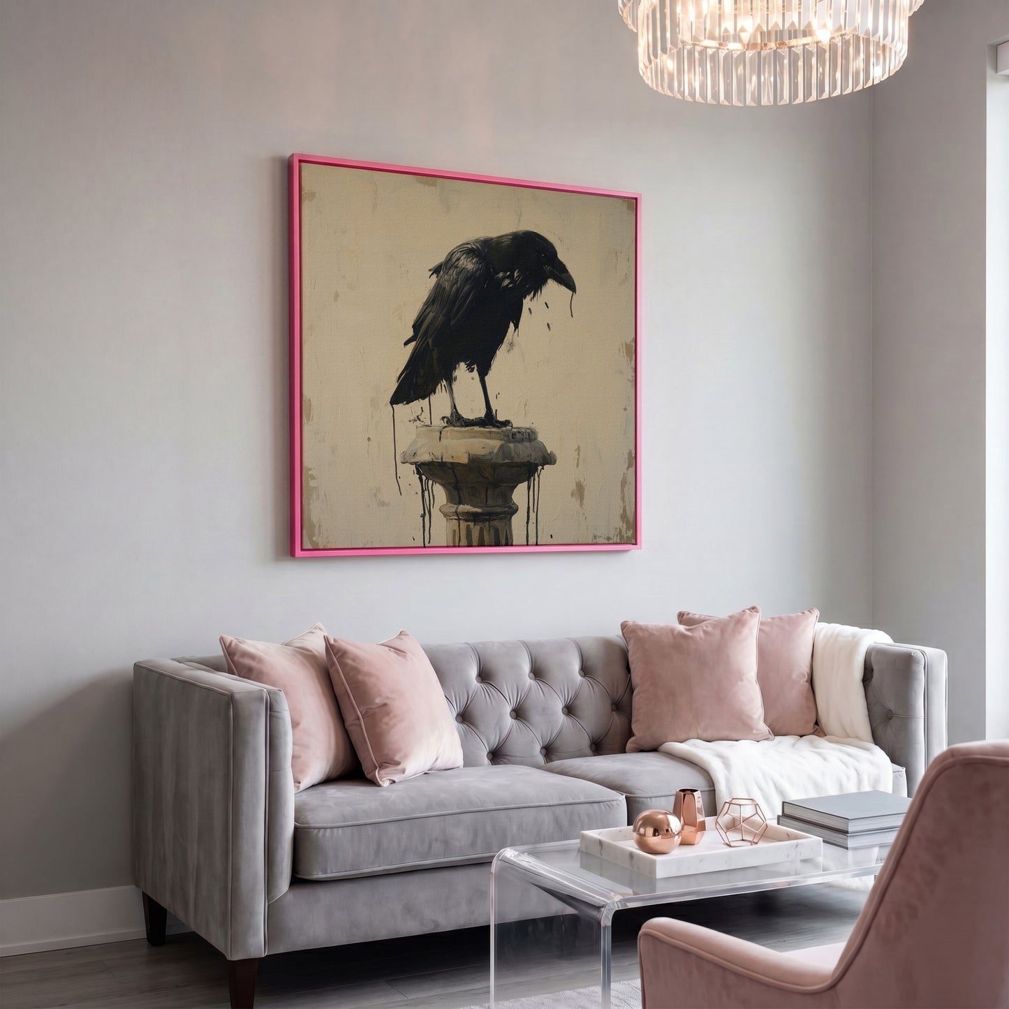 Mystical Raven Square Canvas in pink floating frame