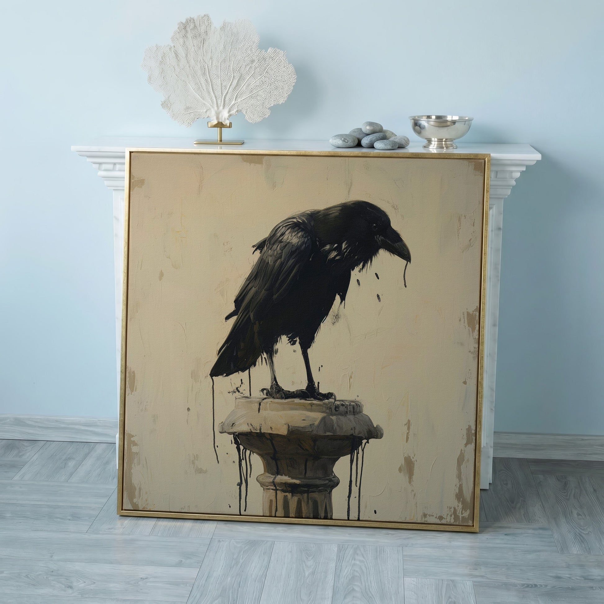 Mystical Raven Square Canvas in rose gold floating frame