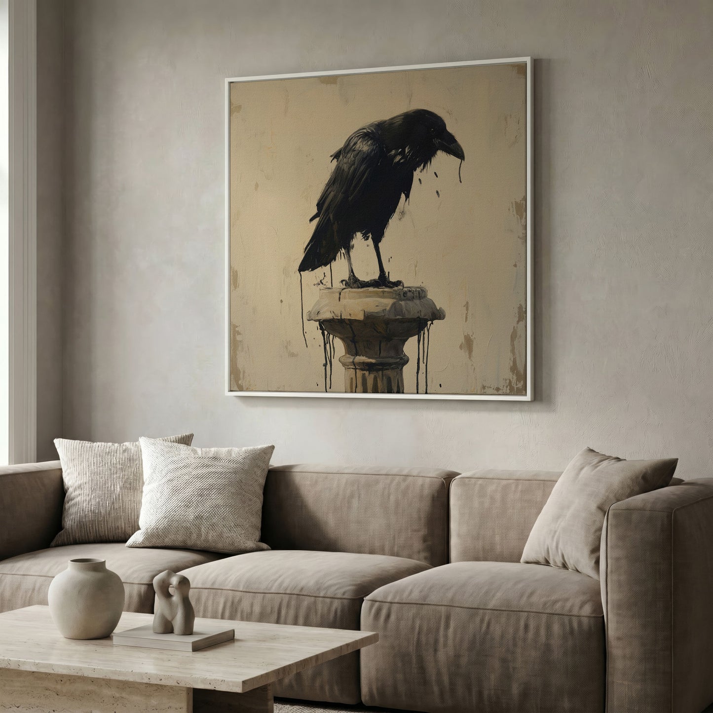 Mystical Raven Square Canvas in white floating frame