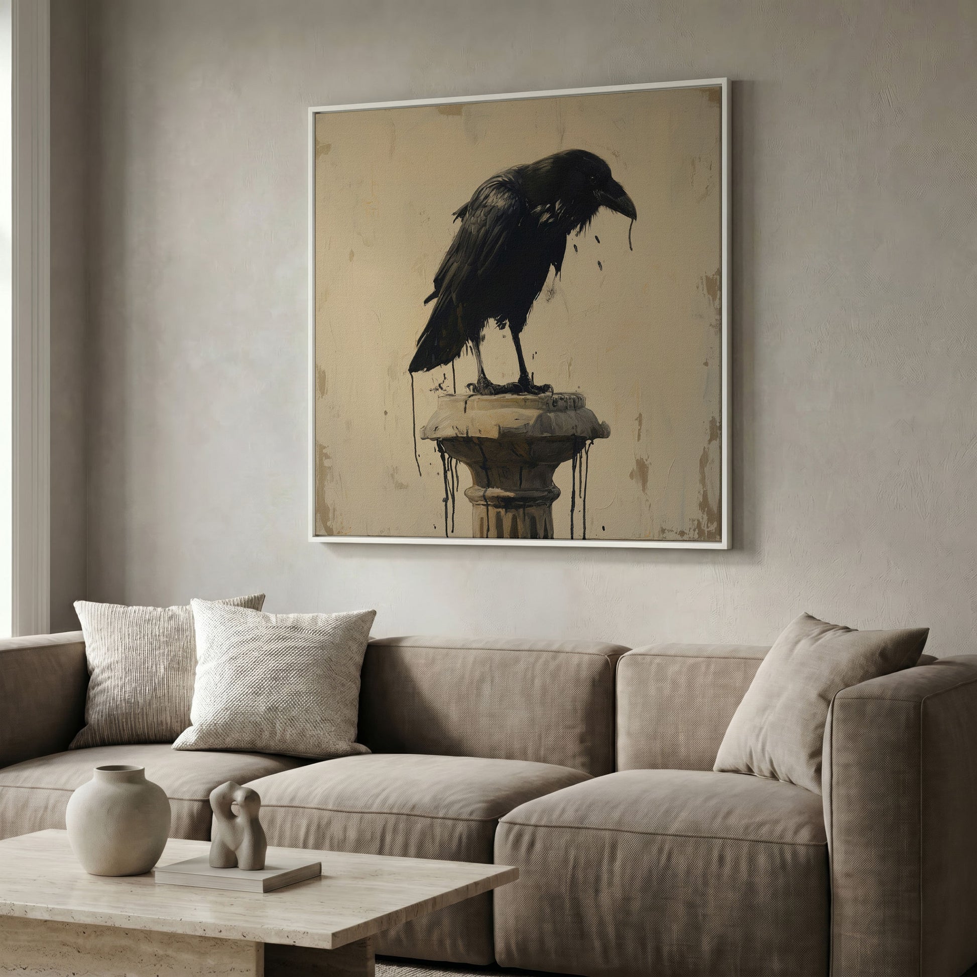 Mystical Raven Square Canvas in white floating frame