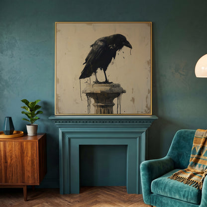 Mystical Raven Square Canvas in yellow gold floating frame