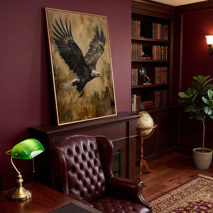 Soaring Eagle Canvas Print in Sepia Tones in antique gold floating frame