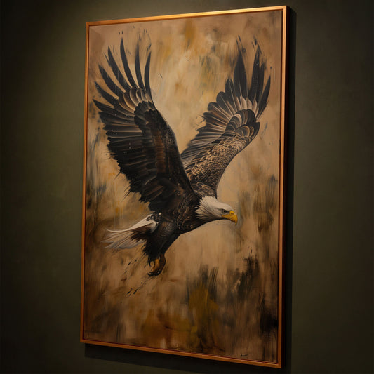 Soaring Eagle Canvas Print in Sepia Tones shown in antique gold floating frame