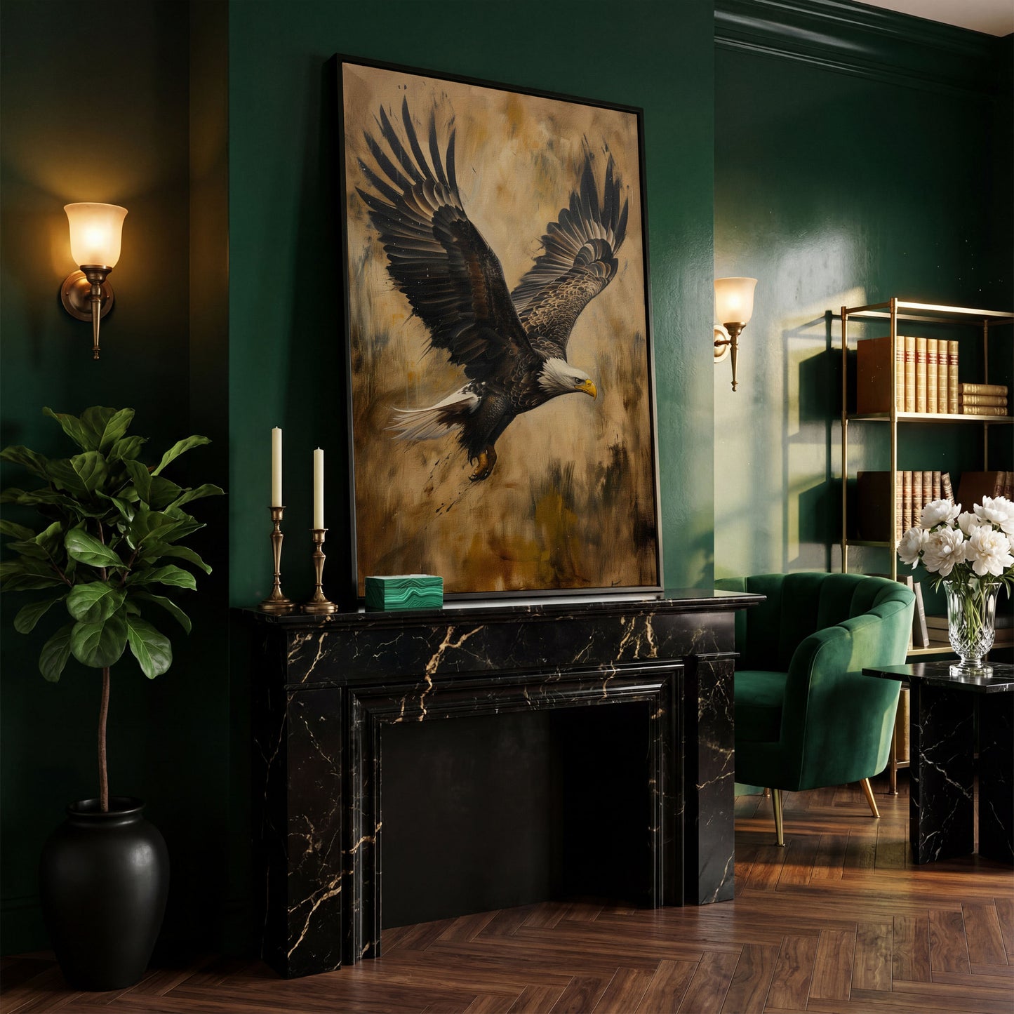 Soaring Eagle Canvas Print in Sepia Tones in black floating frame