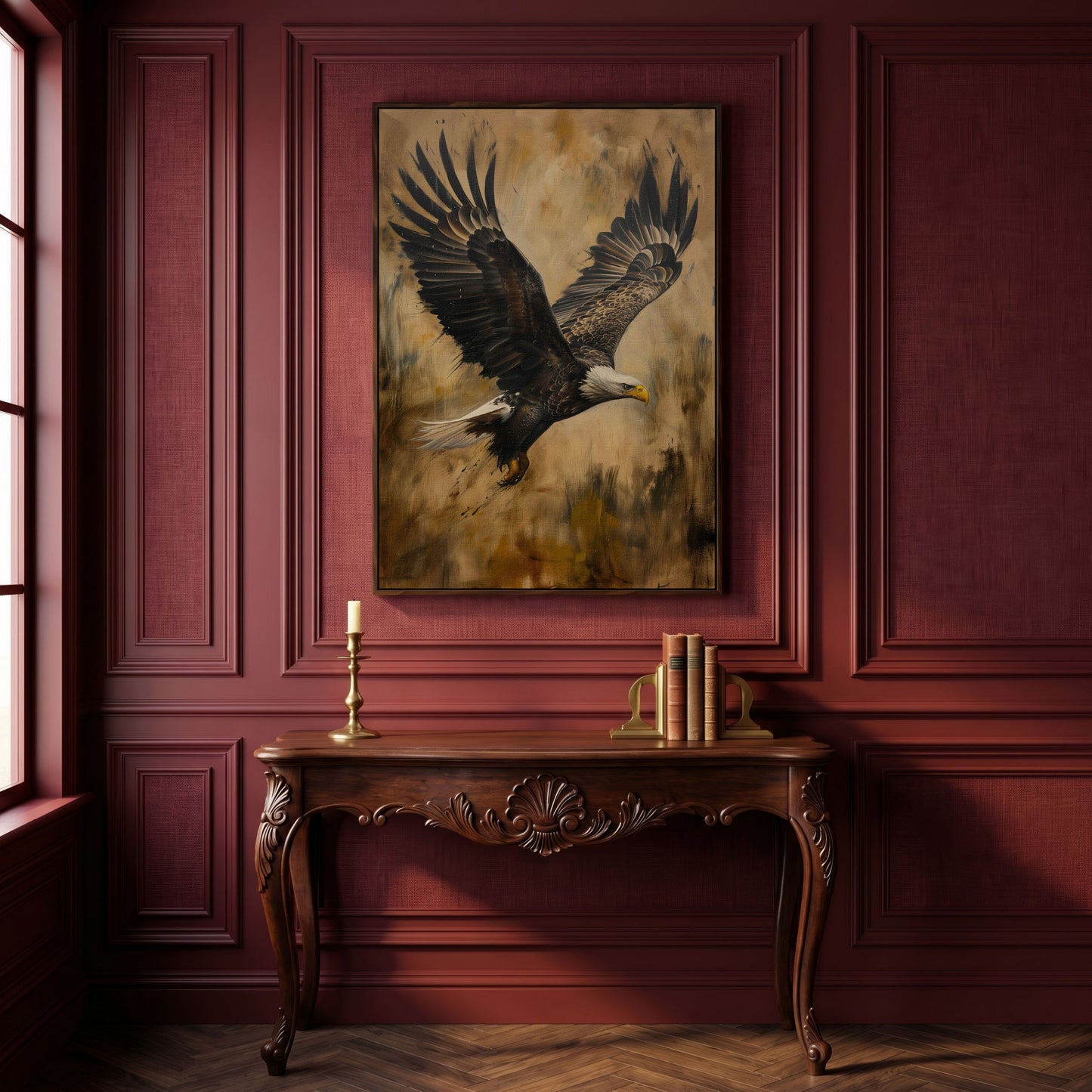 Soaring Eagle Canvas Print in Sepia Tones in dark walnut floating frame