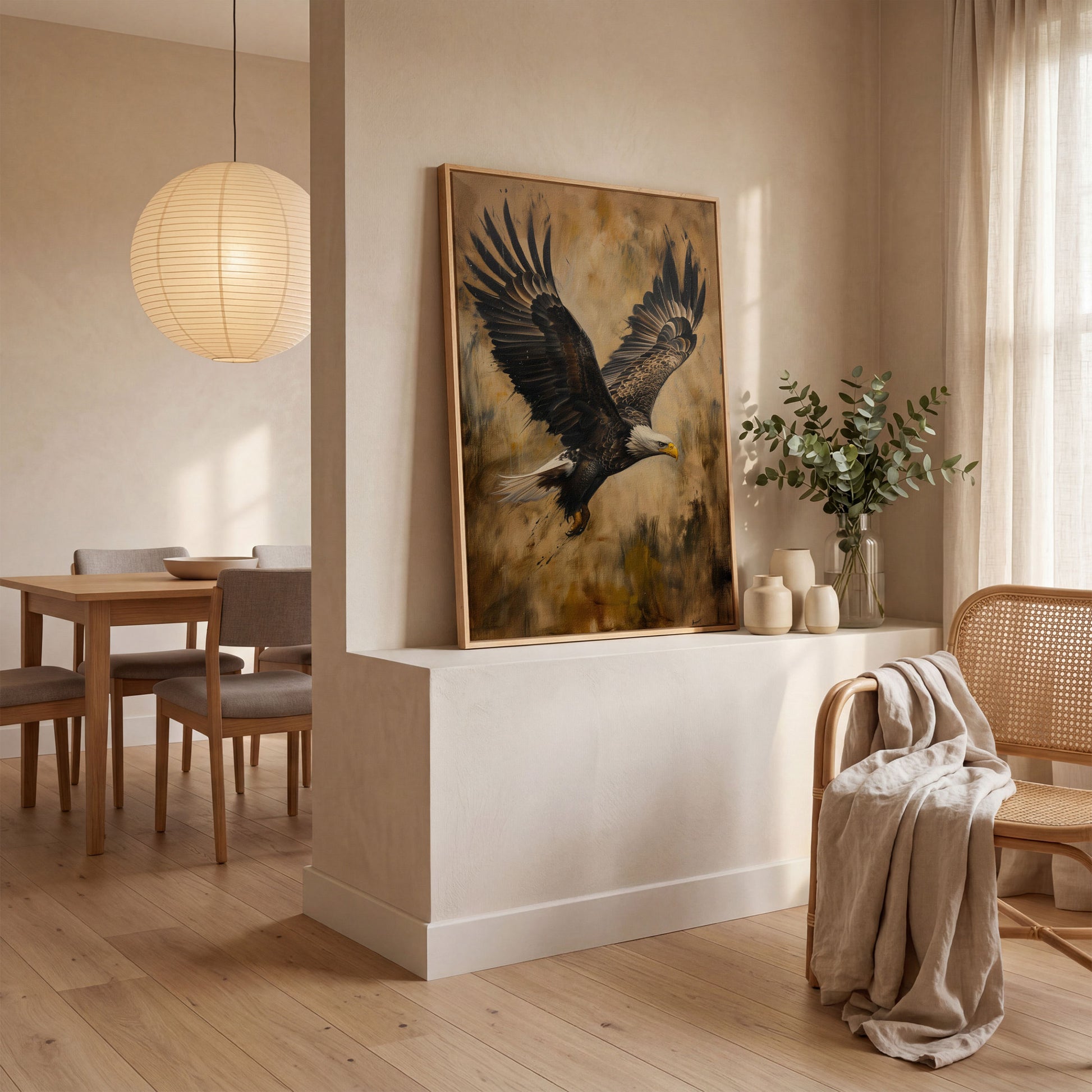 Soaring Eagle Canvas Print in Sepia Tones in white oak floating frame
