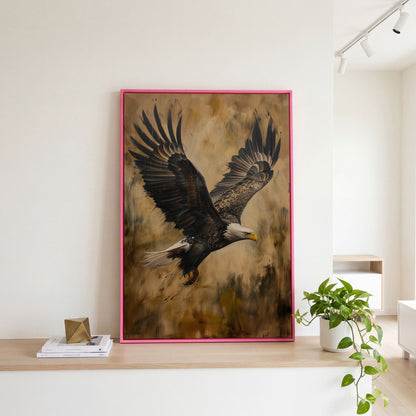 Soaring Eagle Canvas Print in Sepia Tones in pink floating frame