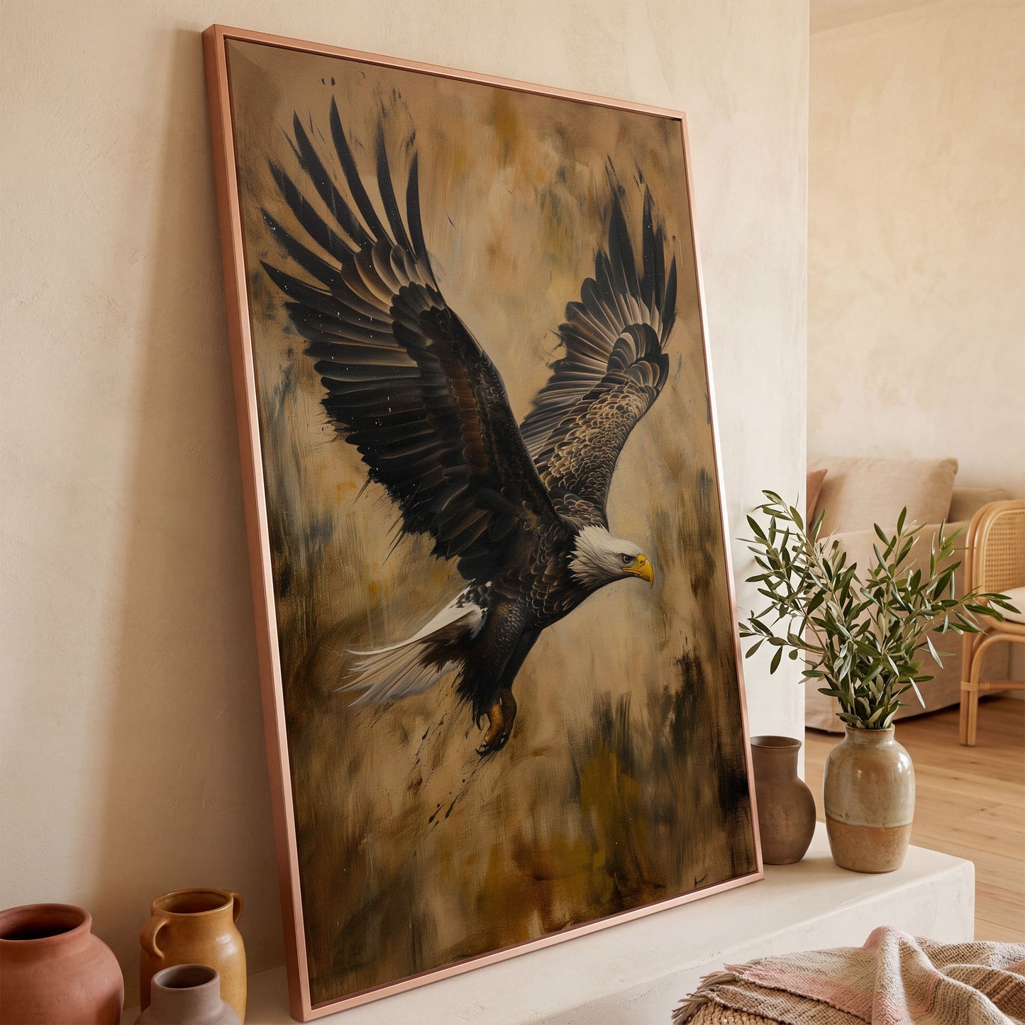 Soaring Eagle Canvas Print in Sepia Tones in rose gold floating frame