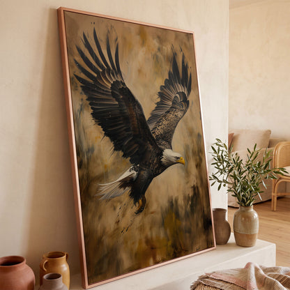 Soaring Eagle Canvas Print in Sepia Tones in rose gold floating frame