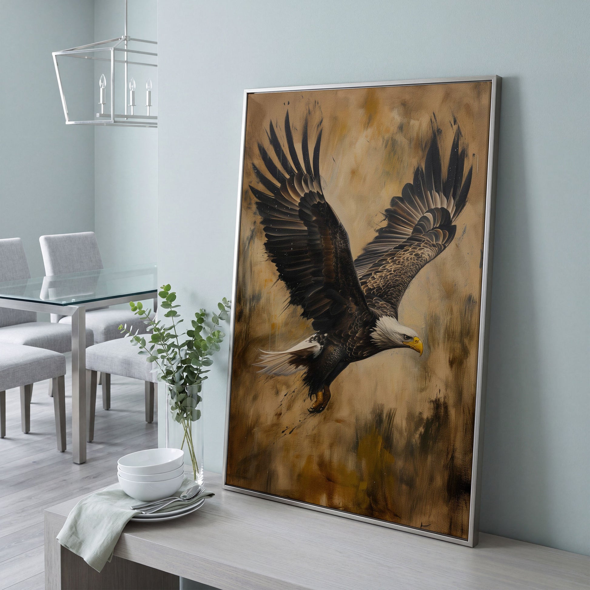 Soaring Eagle Canvas Print in Sepia Tones in silver floating frame