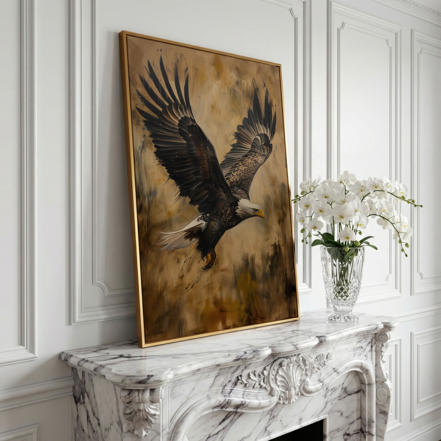Soaring Eagle Canvas Print in Sepia Tones in yellow gold floating frame