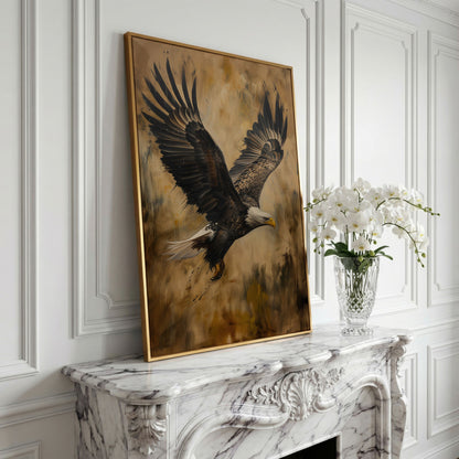 Soaring Eagle Canvas Print in Sepia Tones in yellow gold floating frame