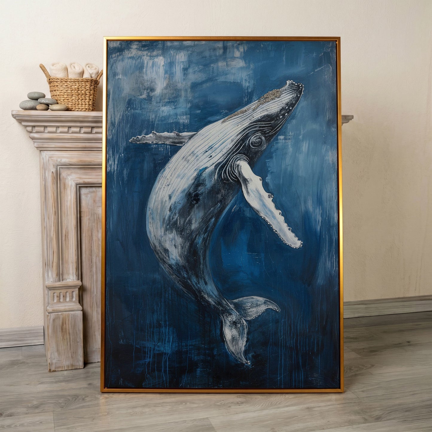 Humpback Whale Canvas Art, Ocean Depth View in antique gold floating frame