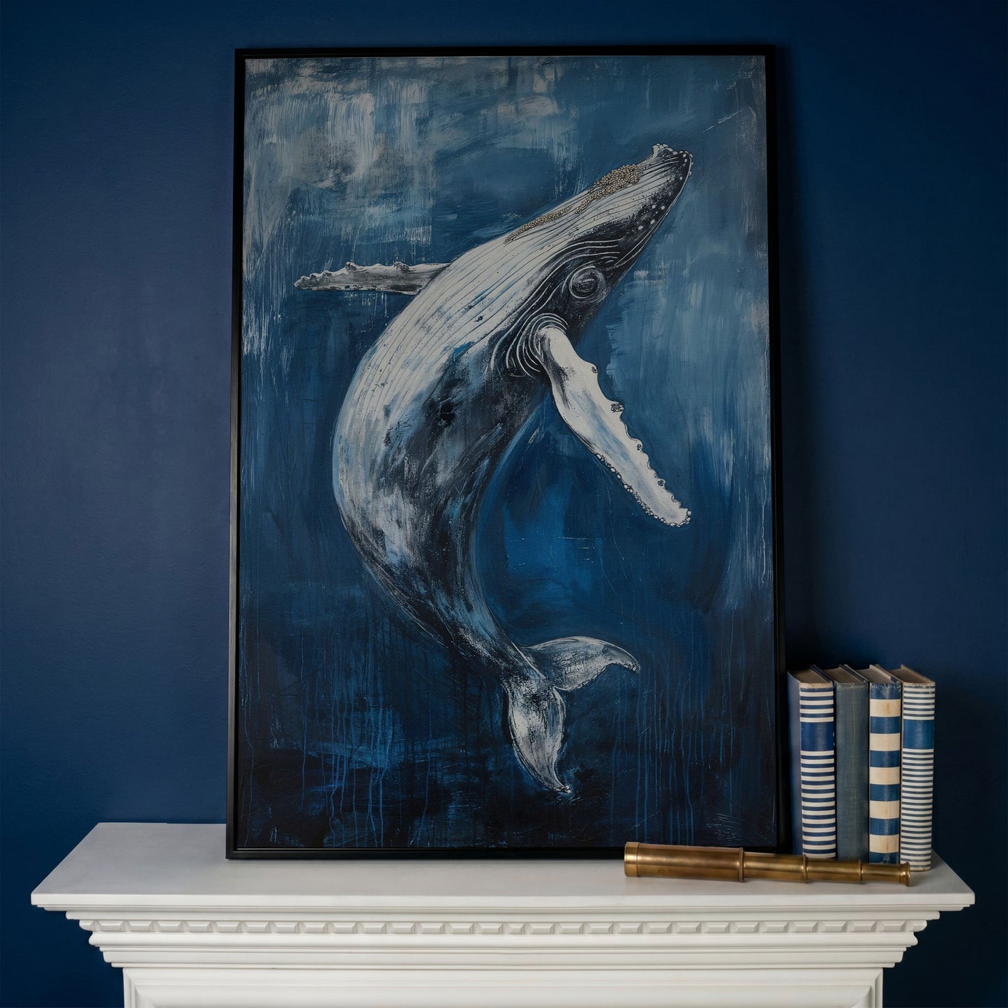 Humpback Whale Canvas Art, Ocean Depth View in black floating frame