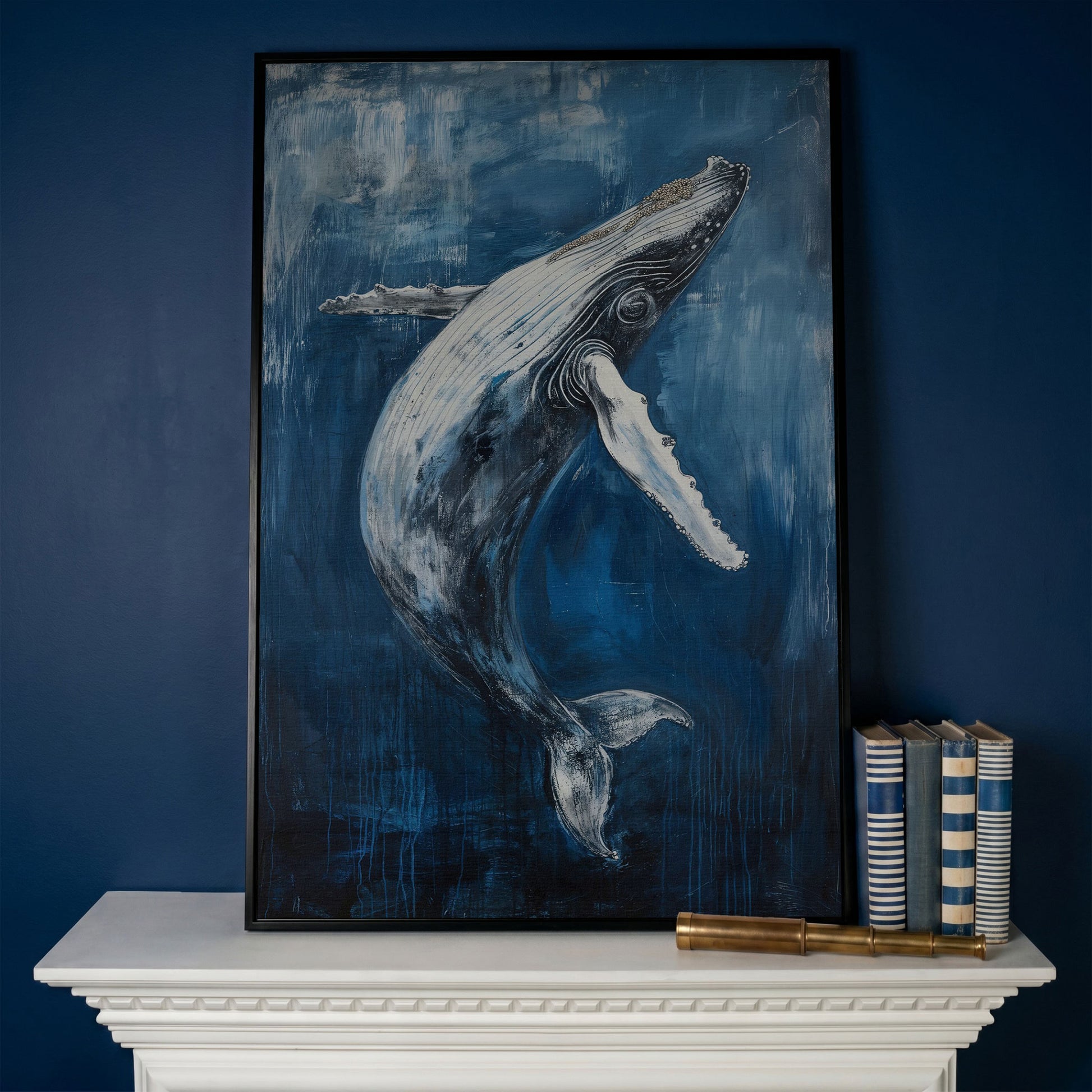 Humpback Whale Canvas Art, Ocean Depth View in black floating frame