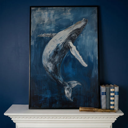 Humpback Whale Canvas Art, Ocean Depth View in black floating frame