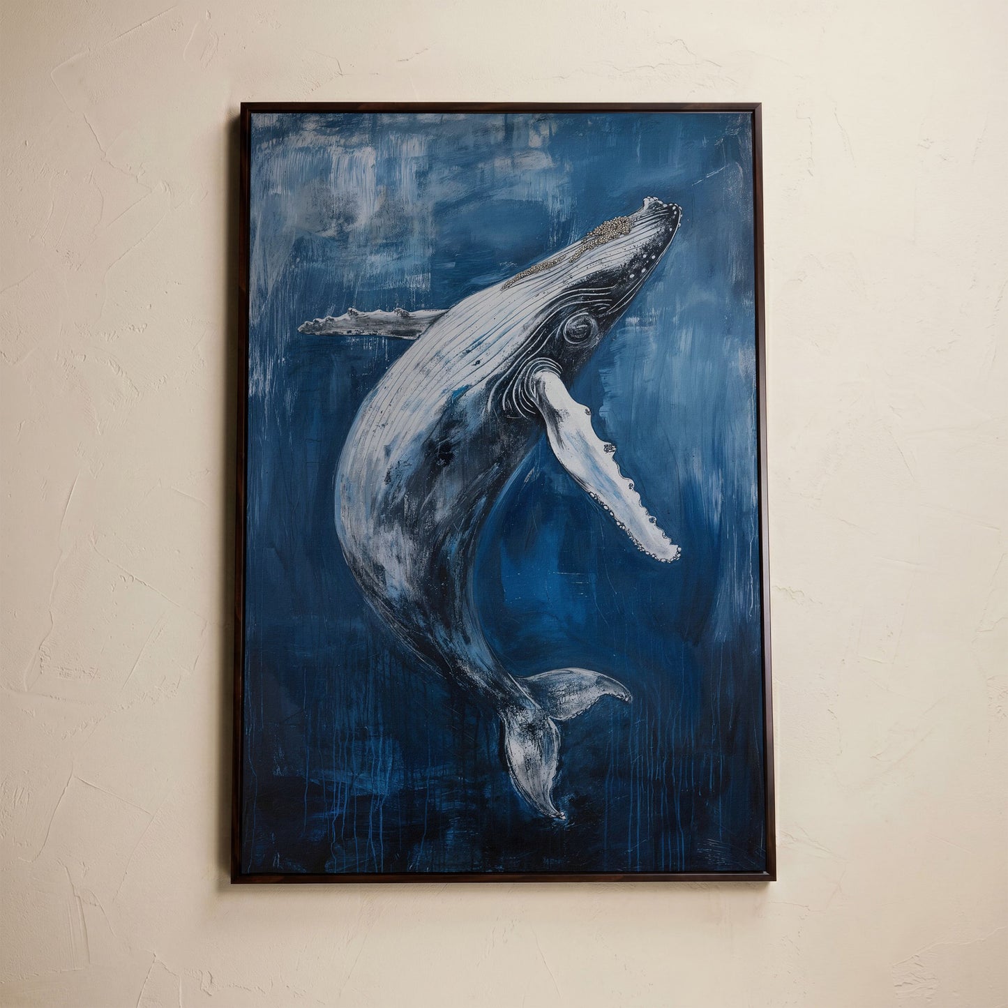 Humpback Whale Canvas Art, Ocean Depth View in dark walnut floating frame