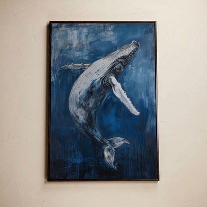 Humpback Whale Canvas Art, Ocean Depth View in dark walnut floating frame