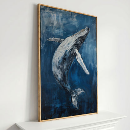 Humpback Whale Canvas Art, Ocean Depth View in white oak floating frame