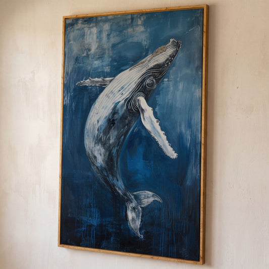 Humpback Whale Canvas Art, Ocean Depth View shown in white oak floating frame
