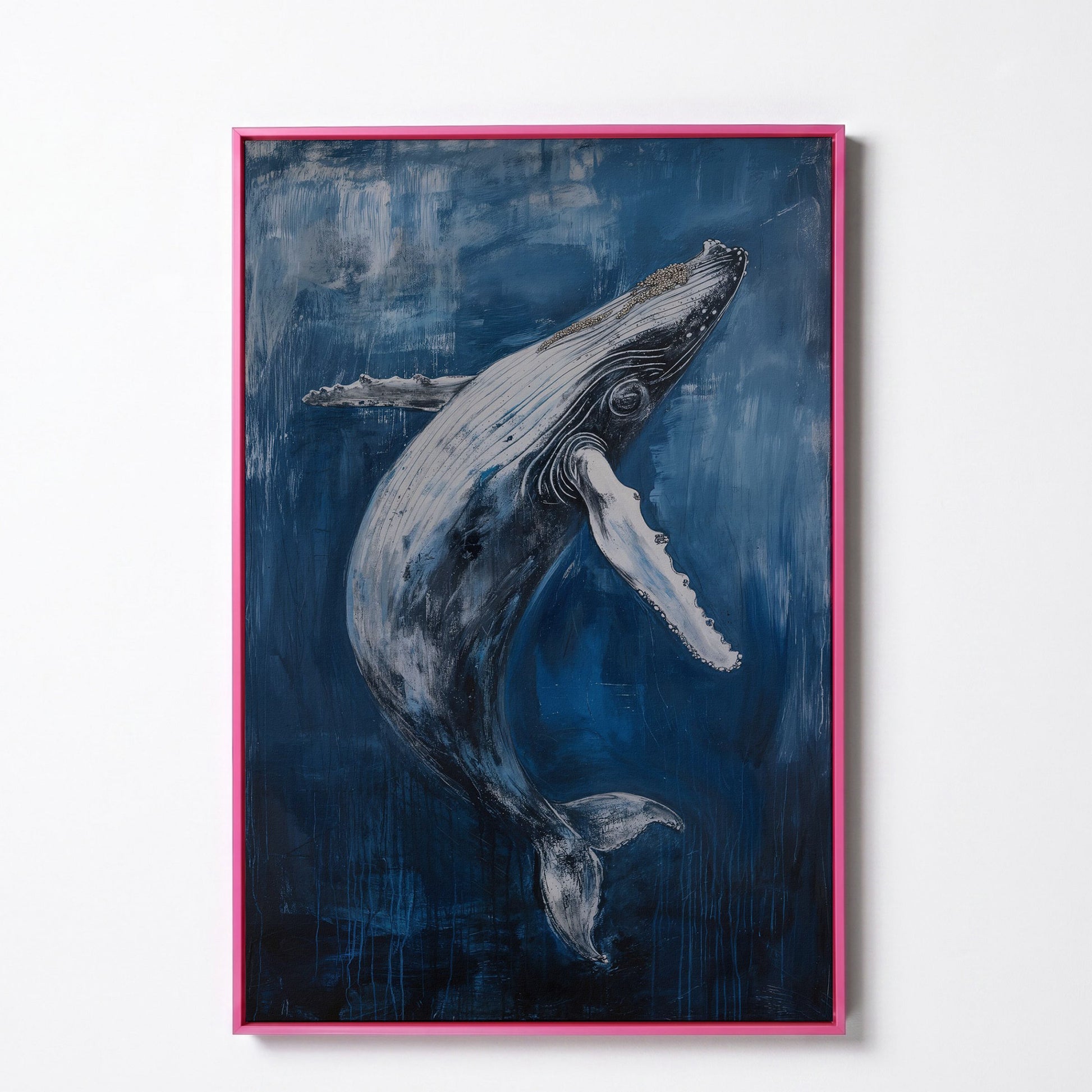 Humpback Whale Canvas Art, Ocean Depth View in pink floating frame