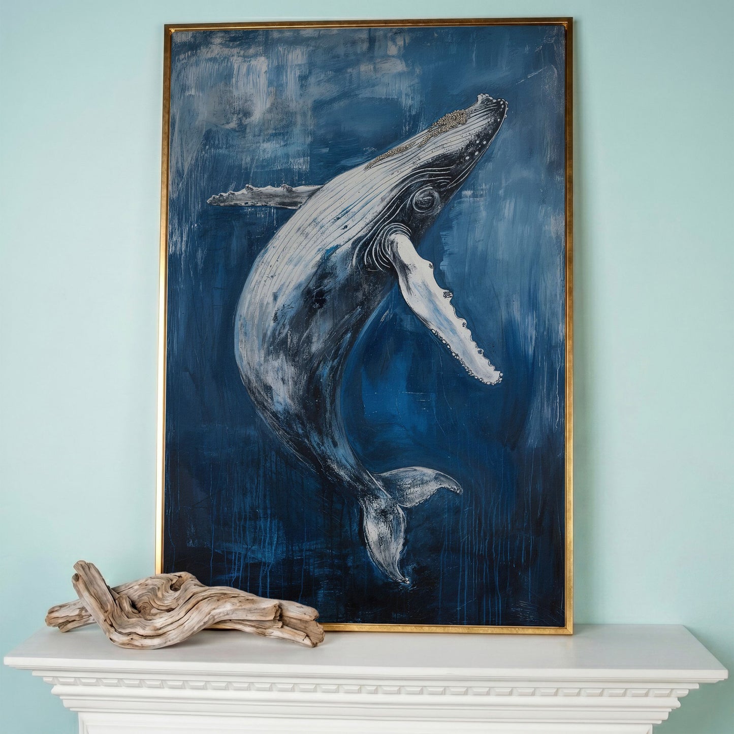 Humpback Whale Canvas Art, Ocean Depth View in rose gold floating frame
