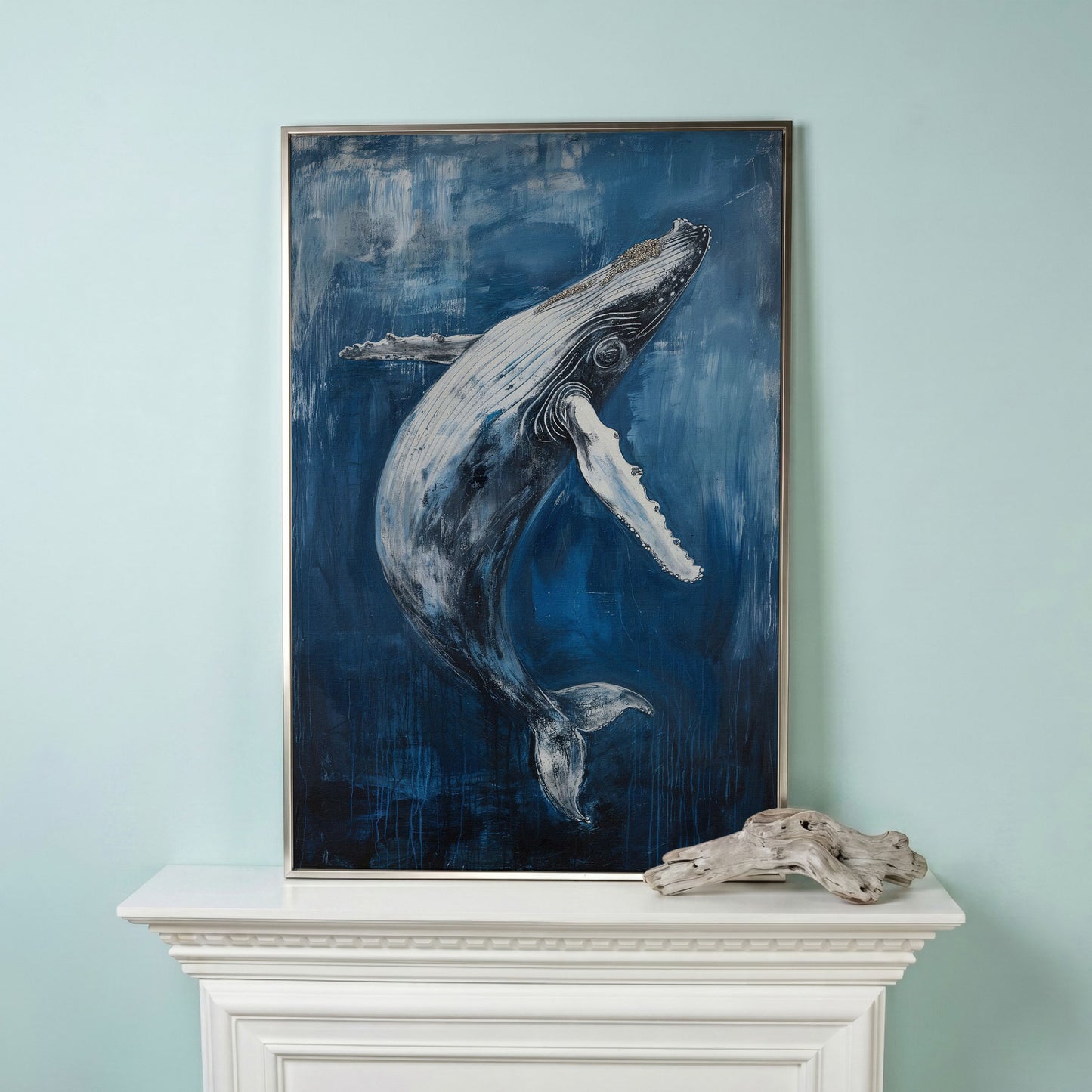 Humpback Whale Canvas Art, Ocean Depth View in silver floating frame