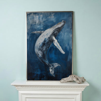 Humpback Whale Canvas Art, Ocean Depth View in silver floating frame
