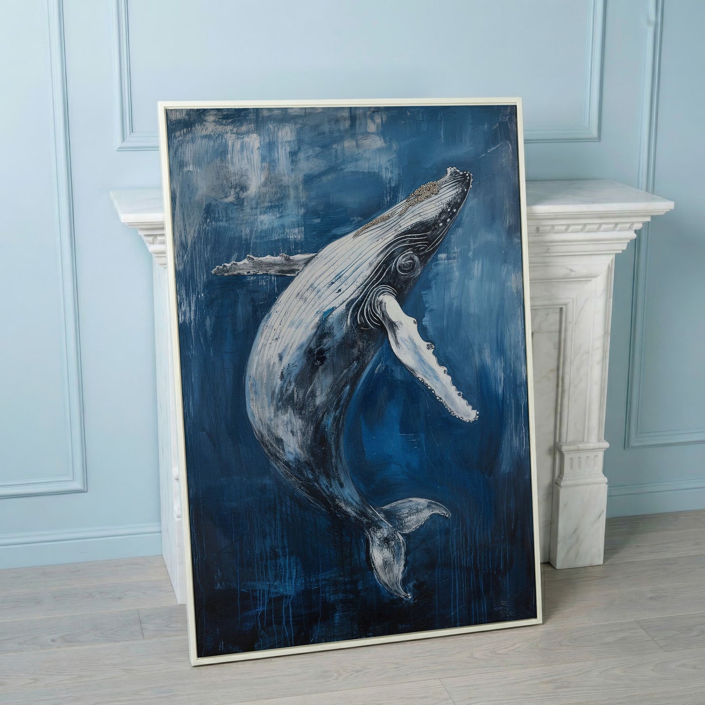 Humpback Whale Canvas Art, Ocean Depth View in white floating frame