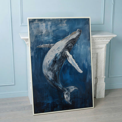 Humpback Whale Canvas Art, Ocean Depth View in white floating frame