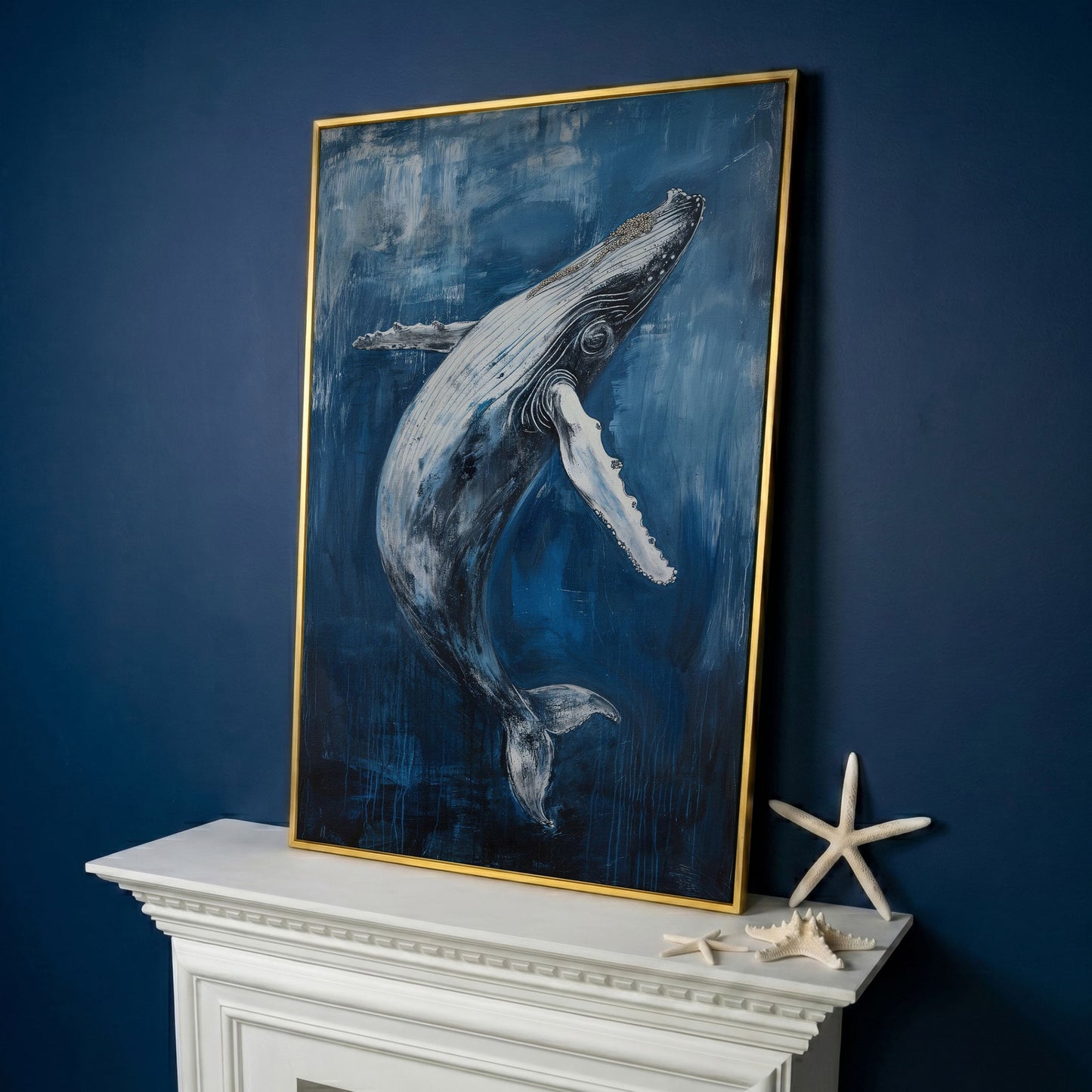 Humpback Whale Canvas Art, Ocean Depth View in yellow gold floating frame
