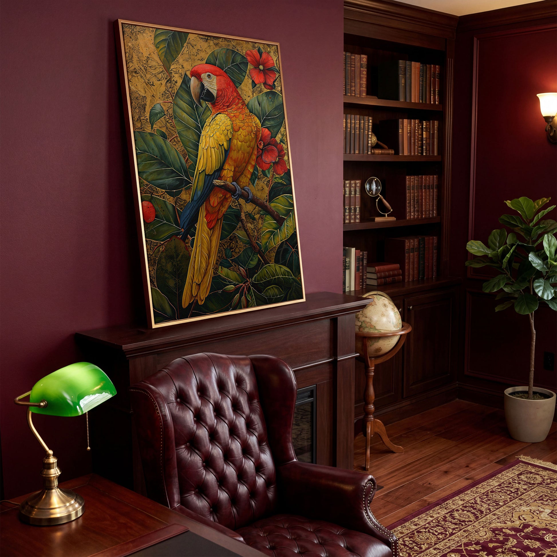 Colorful Macaw in Jungle Foliage Canvas Print in antique gold floating frame