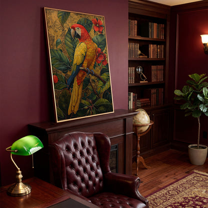 Colorful Macaw in Jungle Foliage Canvas Print in antique gold floating frame