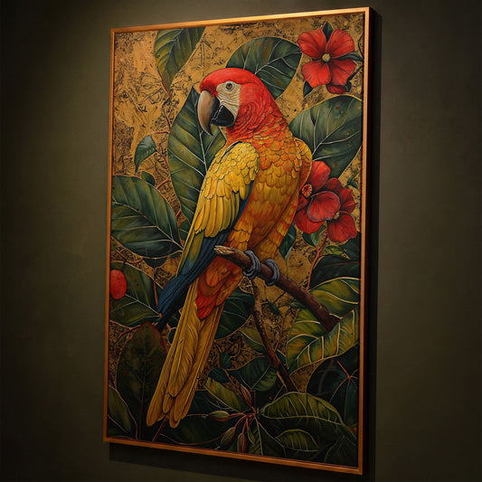Colorful Macaw in Jungle Foliage Canvas Print shown in antique gold floating frame
