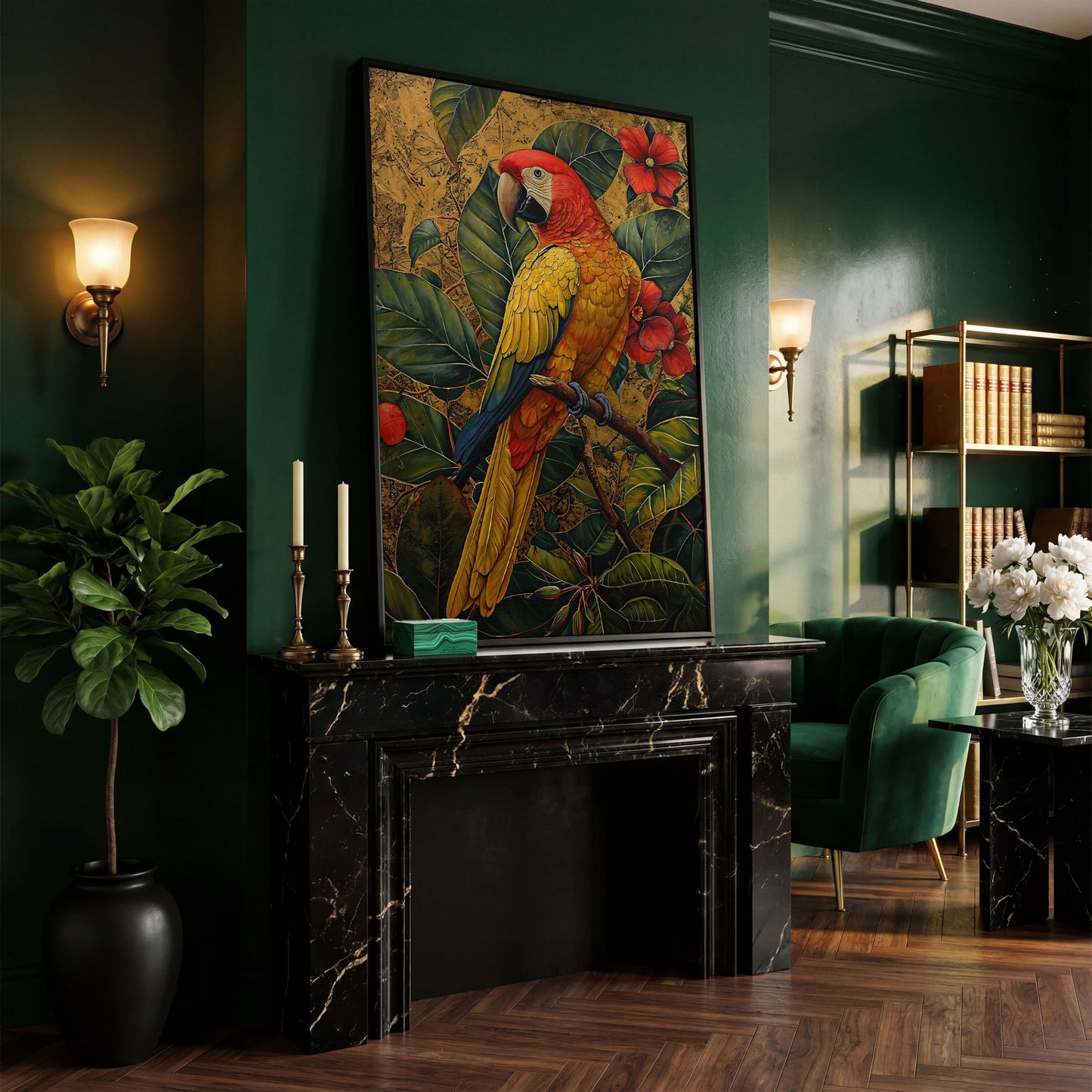 Colorful Macaw in Jungle Foliage Canvas Print in black floating frame