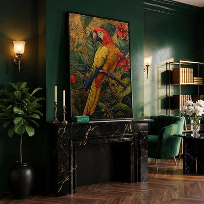 Colorful Macaw in Jungle Foliage Canvas Print in black floating frame