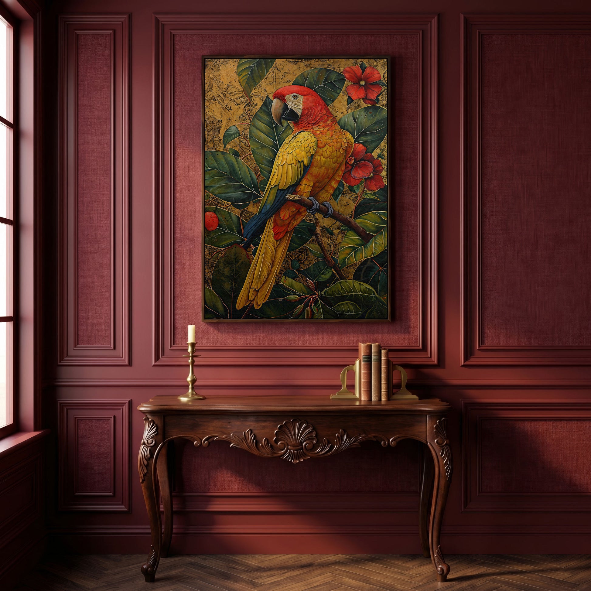 Colorful Macaw in Jungle Foliage Canvas Print in dark walnut floating frame